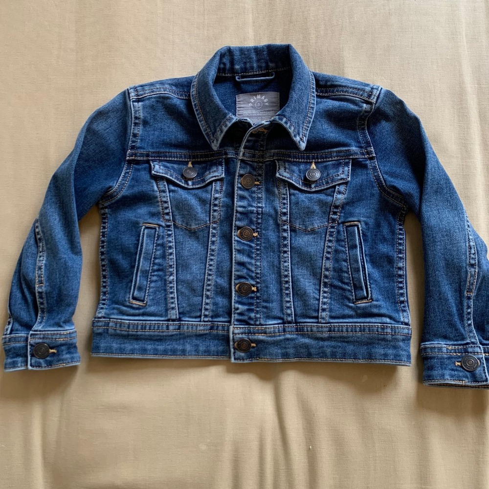 Primary Kids Stretch Denim Blue Jean Jacket Pockets Toddler Sz 3 Boy Girl Unisex